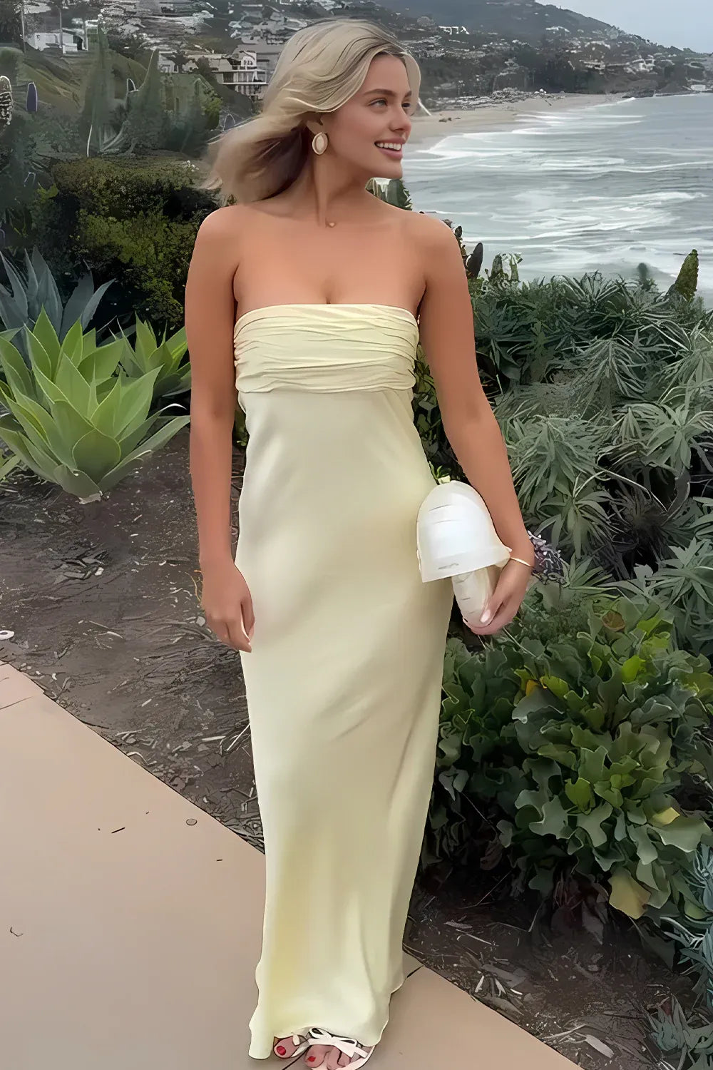 Vestido Weitese sencillo, vestido de fiesta largo rosa sin tirantes con fruncido